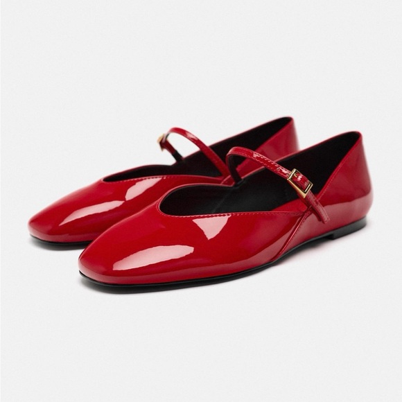 Zara Patent Faux Leather Red Mary Janes - Picture 1 of 8